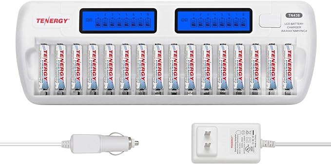Tenergy TN438 16-Slot Smart Battery Charger for AA/AAA NiMH/NiCd LCD Display + 16 Premium AAA Rechargeable Batteries