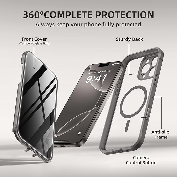 BERFY Magnetic for iPhone 16 Pro Case, Compatible with MagSafe, Built-in Privacy Screen Protector and Upgraded Camera Protection, Anti-Spy Full Body Shockproof Phone Case for 16 Pro 6.3", Grey