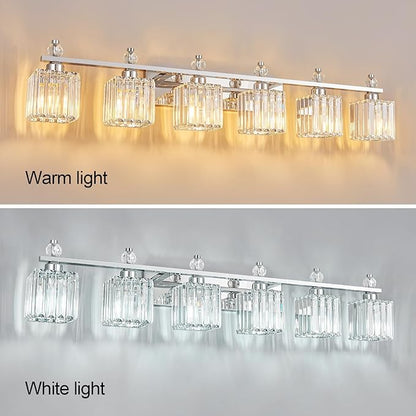 FDPBY Vanity Lights 6-Light Modern Crystal Vanity Light Chrome Bathroom Light Fixtures Over Mirror Crystal Bathroom Vanity Lighting Fixtures