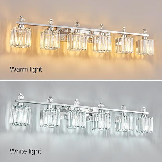 FDPBY Vanity Lights 6-Light Modern Crystal Vanity Light Chrome Bathroom Light Fixtures Over Mirror Crystal Bathroom Vanity Lighting Fixtures