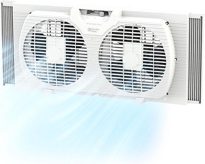 Comfort Zone Twin Window Fan with Reversible Airflow Control, 9 inch, Auto-Locking Expanders, 2 Speed Fan, Dual Fan, Exhaust, Airflow 9.84 ft/sec, Ideal for Home, Kitchen, Bedroom & Office, CZ319WT