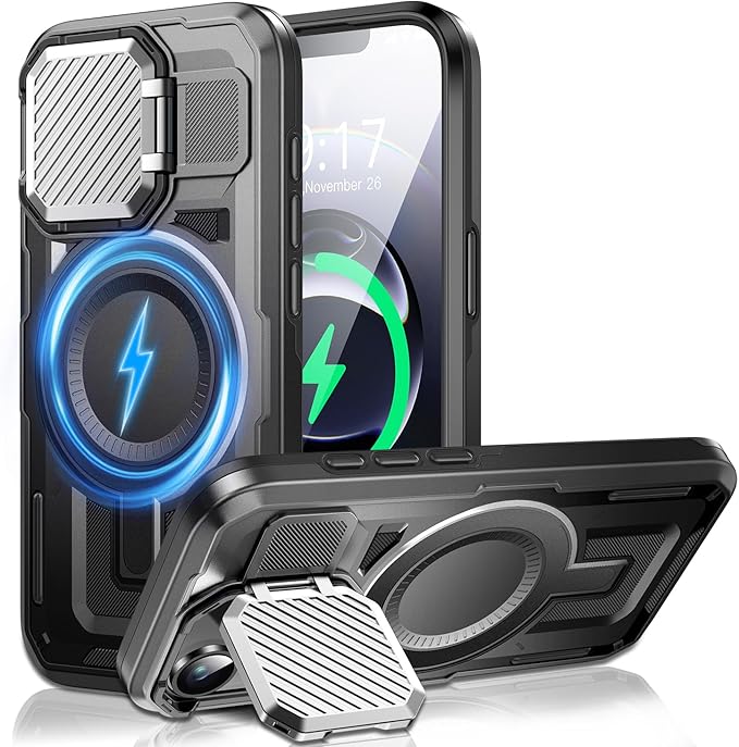 Camera Stand Case for iPhone 16E, [Compatible with Mag Safe] [Lens Cover] 2024 Version Military Grade Protective Soft Case for iPhone 16E 6.3 inch Men Women, Black