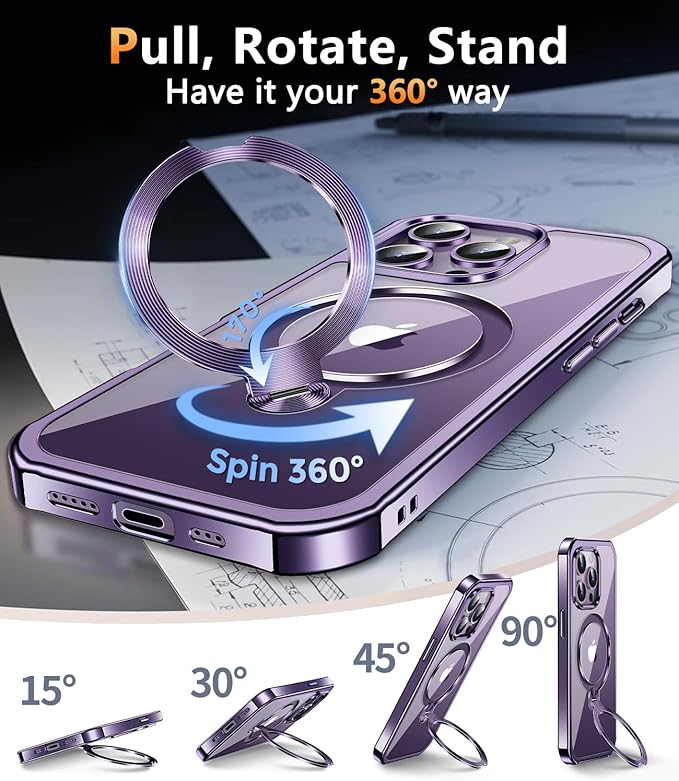 [360° Rotatable CD Stand & Built-in Privacy Screen Magnetic Case for iPhone 14 Pro [Compatible with MagSafe & Full Signal] Mil-Grade Shockproof Full Body Anti-Spy Cover for 14 Pro-Purple