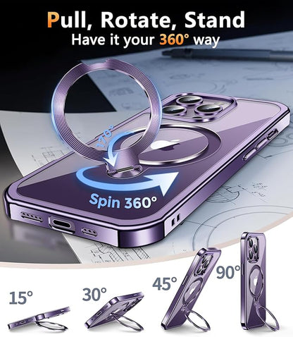 [360° Rotatable CD Stand & Built-in Privacy Screen Magnetic Case for iPhone 14 Pro [Compatible with MagSafe & Full Signal] Mil-Grade Shockproof Full Body Anti-Spy Cover for 14 Pro-Purple
