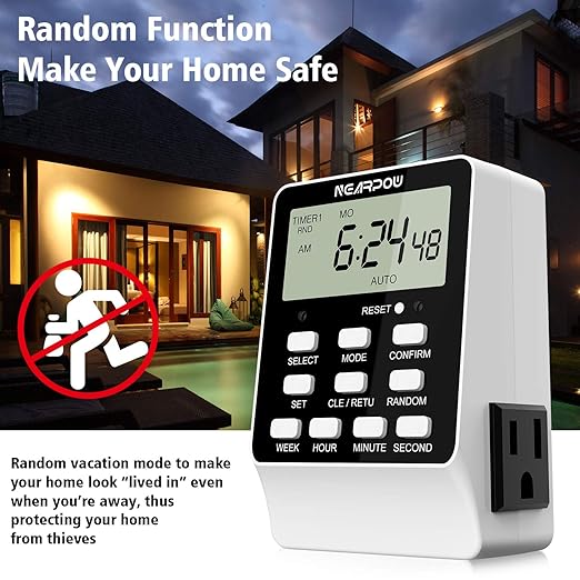 Outlet Timer, NEARPOW Dual Digital Light Timer with 2 Independently-controlled Outlets, 18 ON/OFF Programs, 24-Hour and 7-Day Programmable,Indoor Heavy Duty Electrical Timer Switch, 3 Prong, 15A/1800W