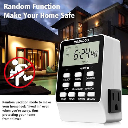 Outlet Timer, NEARPOW Dual Digital Light Timer with 2 Independently-controlled Outlets, 18 ON/OFF Programs, 24-Hour and 7-Day Programmable,Indoor Heavy Duty Electrical Timer Switch, 3 Prong, 15A/1800W
