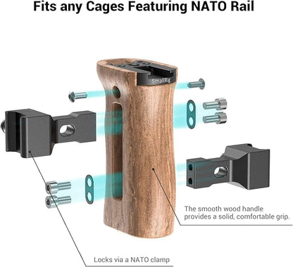 SmallRig Universal Side Wooden NATO Handle Grip DSLR Camera Cage w/Cold Shoe Mount Built-in Wrench, Threaded Holes – 2187