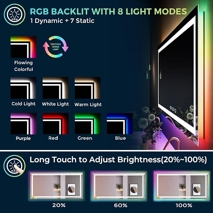 YEELAIT 72x40 Inch RGB LED Bathroom Mirror Front Light and RGB Backlit Lighted Vanity Mirror for Bathroom Wall Mounted Dimmable Anti Fog Memory Shatter-Proof IP54 Waterproof Horizontal/Vertical