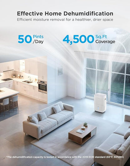 GoveeLife Dehumidifier for Home 4,500 Sq. Ft. 50 to 137 Pint with Pump, Drain Hose, Smart Dehumidifier for Basement with Humidity Control, Auto Shut Off/Defrost, 5 Modes, Bedroom, Bathroom, Garage