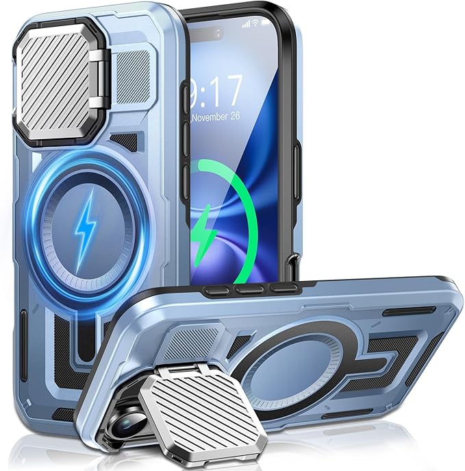 Camera Stand Case for iPhone 16 Plus, [Compatible with Mag Safe] [Lens Cover] 2024 Version Military Grade Protective Soft Case for iPhone 16 Plus 6.7 inch Men Women,Blue