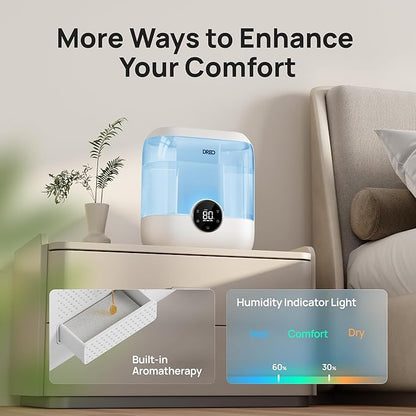 DREO 6L Top Fill Humidifiers for Bedroom, 60H Runtime 28 dB Quiet Supersized Cool Mist Air Humidifiers for Large Room, Baby Nursery, Plant, Indoor, Night Light, Easy to Clean, Precise Humidity Control