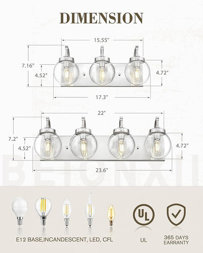 Beionxii Brushed Nickel Bathroom Light Fixtures, 3-Light Bathroom Vanity Light Over Mirror, Modern Vanity Lighting Fixtures with Clear Glass Shade for LivingRoom Hallway, BX-VL03BN-3CG