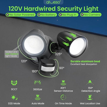 ALUSSO Motion Sensor Outdoor Lights Metal Heads, 30W Flood Lights Outdoor 3600LM, 3 Modes Dusk to Dawn/Auto/On Time, 3000K 4000K 6500K Adjustable, Hardwired Security Light ETL Listed, Black 1PC