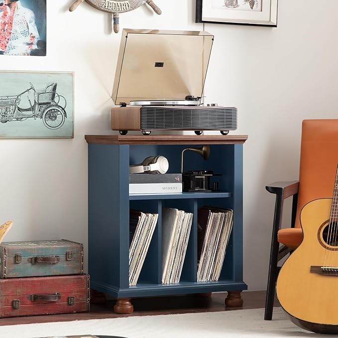 Joaxswe Record Player Stand with Vinyl Record Storage, 24" Wide Mid-Century Record Player Table Up to 200 Albums,Large Wood Turntable Stand Cabinet Dispaly Shelf for Living Room,Bedroom,Blue