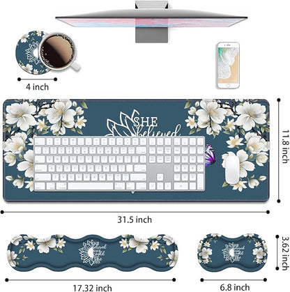 Ergonomic Keyboard Wrist Rest & Mouse Pad Wrist Rest Set, She Believed She Could So She Did Inspirational Quote Large XXL Gaming Desk Mat 31.5"x 11.8" with Non-Slip Base for Home Office Study Gaming