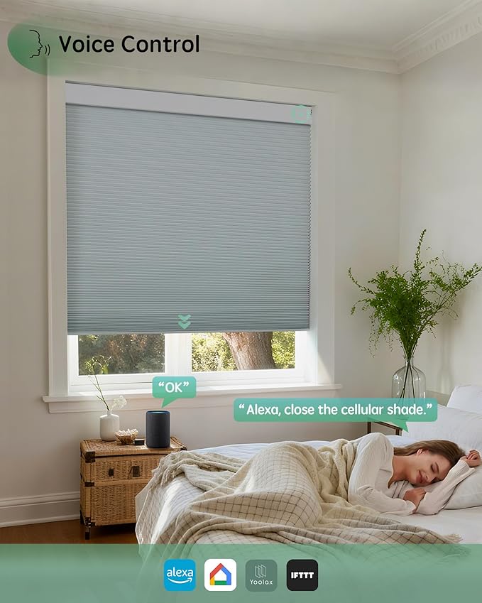 Yoolax Smart Blinds, Motorized Cellular Shades Compatible with Alexa, Blackout Electric Blinds with Remote for Indoor Windows, Automatic Energy Saving Honeycomb Shades, White, 27" W x 72" H