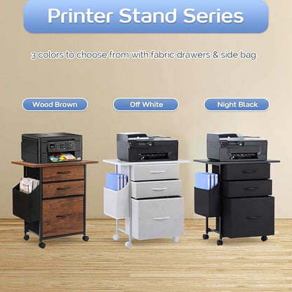 Printer Stand with 3 Fabric Drawer, Mobile File Cabinet for Home Office with Storage Bag, Rolling Under Desk Organizer Shelf, Fits A4 or Letter Size, Complete Top Plate Fast Assembly (Night Black)