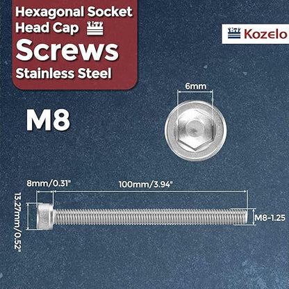 Kozelo 4pcs Socket Head Cap Screws - [M8-1.25 x 100mm] 304 Stainless Steel Allen Socket Drive for Electrical Motor 3D Printing Fan Engine Replacement Use, Silver