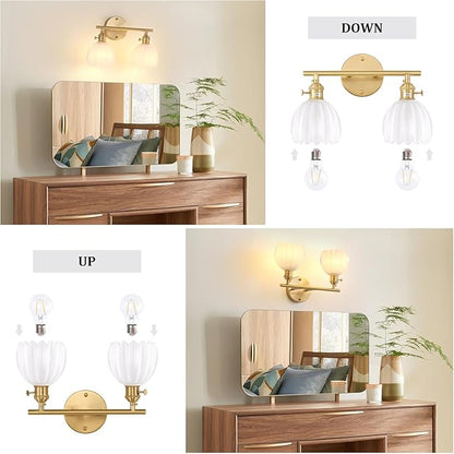 Shenmoyl Bathroom Light Fixtures, 2-Light Brass Vanity Wall Light Over Mirror with White Tulip Glass Shade for Bedroom Living Room (Bulb Not Included)