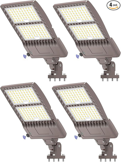 BBESTLED 4Pack 400W LED Parking Lot Light Dusk to Dawn Outdoor Lighting Arm Mount 56000LM IP65 UL & DLC Commercial Light for Street Stadium Tennis Court 5000K (100-277VAC Input), LED Shoebox Light