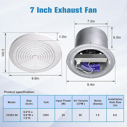 HTONG Innovation V2262-50 7 Inch Bathroom Exhaust Fan, 50 CFM Ceiling Exhaust Fan for 8" Rough-in Opening, 1.0 Sones Quiet Effective Ventilation for Bathroom, Kitchen, Laundry Room, Mobile Home