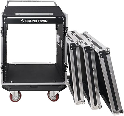 Sound Town High-Quality 1/2” (12mm) Plywood 12U PA DJ Pro Audio Rack/Road ATA Case with 12U Slant Mixer Top, Locking Drawer, 20.2’’ Rackable Depth and Casters (STMR-12D2)