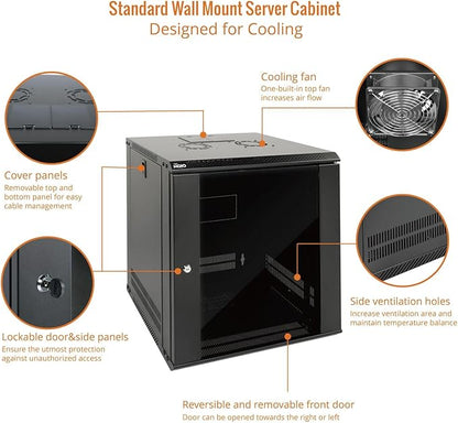 Tecmojo 12U Wall Mount Server Cabinet IT Network Rack Enclosure Lockable Door and Side Panels Black,Cooling Fan,Glass Door,17.7inch Depth,for 19” IT Equipment,A/V Devices