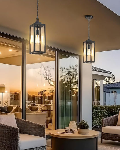 MYHXQ 15'' Large Motion Sensor Outdoor Pendant Lights, Dusk to Dawn Modern Outside Chandelier Outdoor Hanging Lantern with Clear Glass, Exterior Pendant Lighting Fixture for Porch, Yard, Black, 1Pack