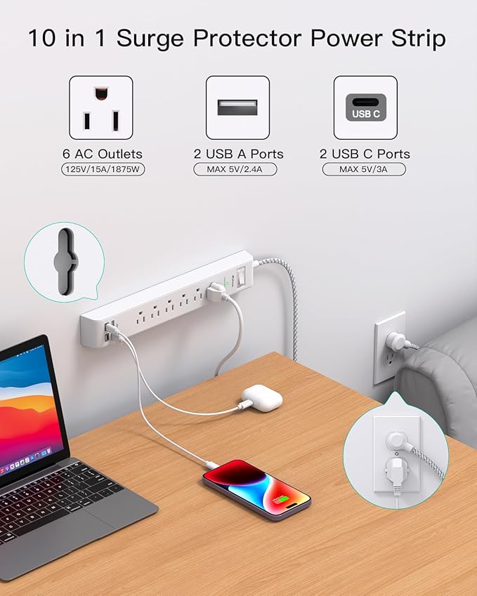 2 Pack Power Strip Surge Protector, 6 Outlets 4 USB Ports (2 USB C) 5Ft Long Extension Cords, Flat Plug Overload Protection Outlet Strip, Wall Mount for Home, Office and Dorm Essential, ETL Listed