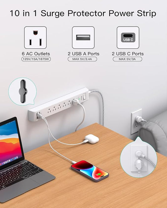 2 Pack Power Strip Surge Protector, 6 Outlets 4 USB Ports (2 USB C) 5Ft Long Extension Cords, Flat Plug Overload Protection Outlet Strip, Wall Mount for Home, Office and Dorm Essential, ETL Listed