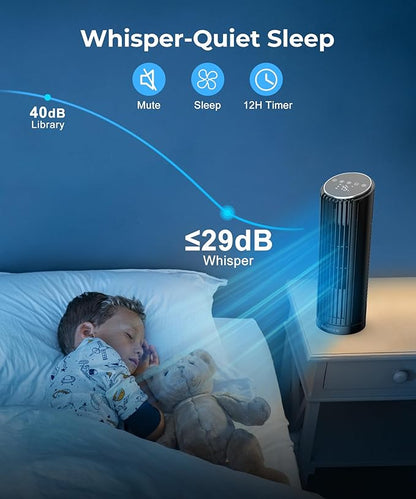 Abolee Tower Fan for Bedroom, 23ft/s Desk Fan with Remote, 70° Oscillating Desk Fan, 4 Speeds, 4 Modes,12Timer, 13'' Bladeless Portable Fan for Bedroom Office Home Black
