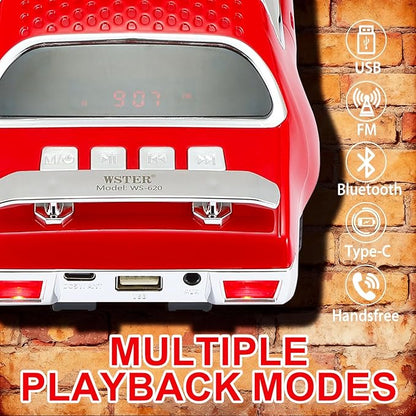 WSTER Retro Car Bluetooth Speaker with HD Stereo Sound, TWS Pairing, LED Party Lights, Built-in Microphone, Portable Wireless American Vintage-Style Bluetooth Speaker for Home, Office & Outdoor (Red)