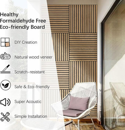 ARMURO Acoustic Wood Panels for Wall 4-Pack - Natural Oak Veneer Soundproof Panels for Home & Office, 23.6" Wood Wall Panels with Noise Reduction (23.6" W x 23.6" L)