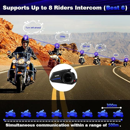 ZOVTIX Motorcycle Helmet Headset Support 8 Riders Group Intercom Communication System Speakers with Music Sharing/HiFi Sound/3 EQ Music Modes/Noise Cancellation/IP67/FM Radio/Wake up Siri - 1 Pack