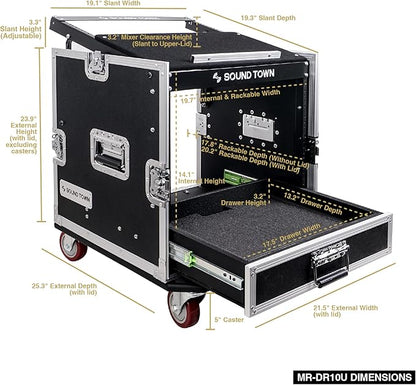 Sound Town 10U PA DJ Pro Audio Rack/Road ATA Case with 2U Drawer, 11U Slant Mixer Top, DJ Work Table, Casters, Pro Tour Grade (MR-DR10U)