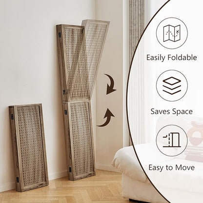 Leesinwing 4 Panel Wooden Room Dividers, 5.6FT High Plug-in Folding Screen Made of Natural Wood, Pegboard Display for Bedroom and Shopping Malls and Jewelry Stores, Dark Brown