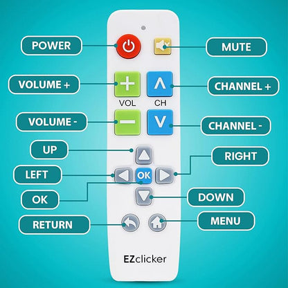 EZclicker Plus Big Button Universal TV Remote (White) Simple Easy to Use, Works with Major TV Brands (2xAAA Batteries Not Included)