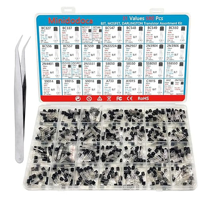 Minidodoca 31 Kinds 580pcs Assorted Type General Purpose TO92 Transistors PNP NPN Bipolar Power Transistor Assortment Kit 2n7000 Mosfet,BC517 Darlington,A42 High Voltage Transistors 2n2222A 2n3904