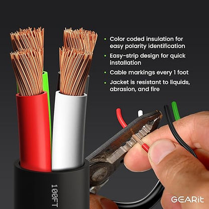 GEARit Outdoor Speaker Wire CL3 Rated, 14 Gauge Speaker Wire, Speaker Cable 100 ft for Outdoor Speakers, Patio, Garden, Backyard Audio, Direct Burial in Ground/in Wall, OFC (Black, 4-Conductors)