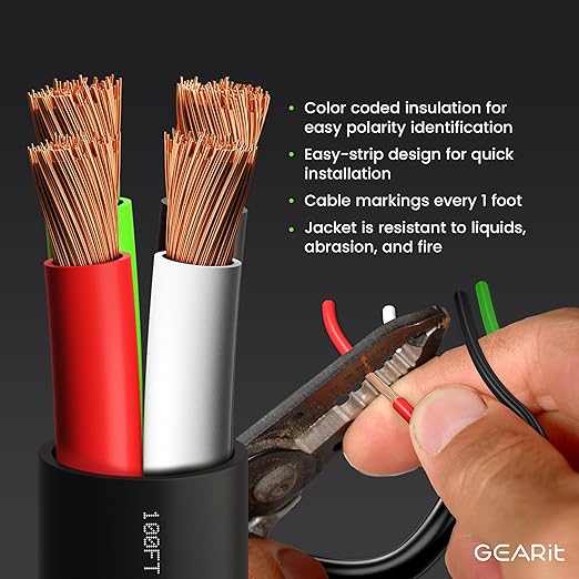 GEARit Outdoor Speaker Wire CL3 Rated, 16 Gauge Speaker Wire, Speaker Cable 250 ft for Outdoor Speakers, Patio, Garden, Backyard Audio, Direct Burial in Ground/in Wall, OFC (Black, 4-Conductors)
