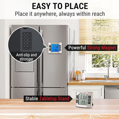 ThermoPro TM02 Digital Kitchen Timer - Dual Countdown Function with Magnetic Backing, Adjustable Alarm & Backlit LCD Display, Ideal for Cooking, Baking and as 24-Hour Shower Clock for Kids