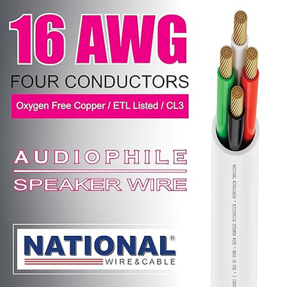 NATIONAL Wire&Cable - 16/4 Audiophile Speaker Wire (1000 Feet) 16AWG Gauge - Made in USA - in Wall Audio Speaker Wire Cable/CL Rated/ETL Listed / 2 Conductors - Oxygen-Free Copper, White 1000ft