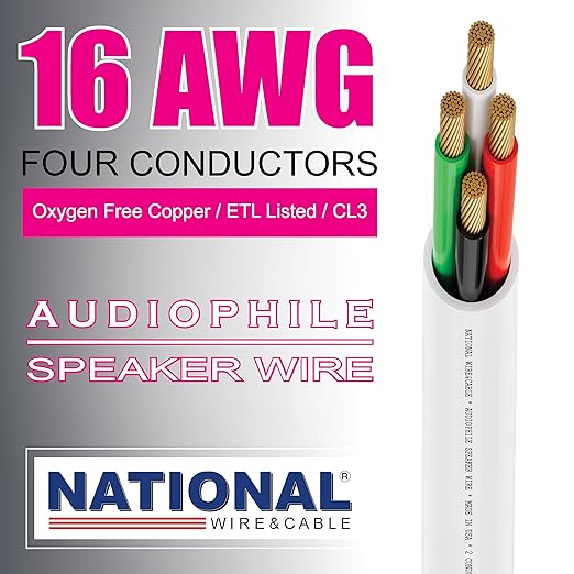 NATIONAL Wire&Cable - 16/4 Audiophile Speaker Wire (50 Feet) 16AWG Gauge - Made in USA - in Wall Audio Speaker Wire Cable/CL Rated/ETL Listed / 2 Conductors - OFC Oxygen-Free Copper, White 50ft
