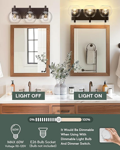 METWET Bathroom Light Fixtures Over Mirror, 3-Light Oil Rubbed Bronze Vanity Light with Clear Glass Globe Shade, Modern Sconces Wall Lighting, Bathroom Wall Lights for Bedroom Hallway, VL195-ORB-3