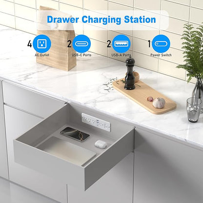 65W USB C Recessed Power Strip, Flush Mount Desktop Recessed Outlet with 4AC & 2 PD GaN USB C & 2 USB-A Ports, 10ft Furniture Hidden Drawer Fast Charging Station for Home Office