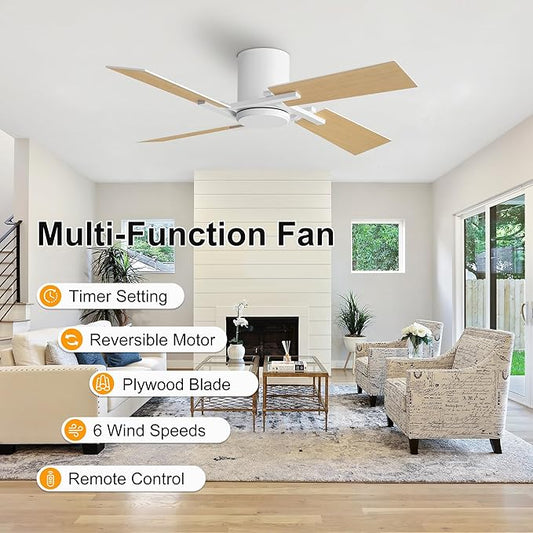 WINGBO 48 Inch Flush Mount Ceiling Fan without Light - 4 Plywood Blades, 6-Speed Reversible DC Motor, Noiseless Low Profile Ceiling Fan No Light for Bedroom Living Room, White and Oak/White
