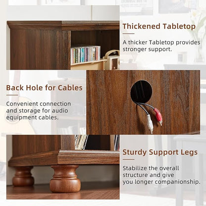 Joaxswe Record Player Stand with Charging Station Up to 200 Albums, 24" Wide Mid-Century Record Player Table with Vinyl Record Storage,Large Wood Turntable Stand Dispaly Cabinet for Living Room,Brown