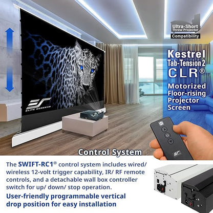Elite Screens Kestrel Tab-Tension CLR, 101 inch 16:9, Ultra-Short Throw Ceiling Ambient Light Rejecting ALR Electric UST Floor-Rising Projection Motorized Front Projector Screen, FTE101XH3-CLR, White