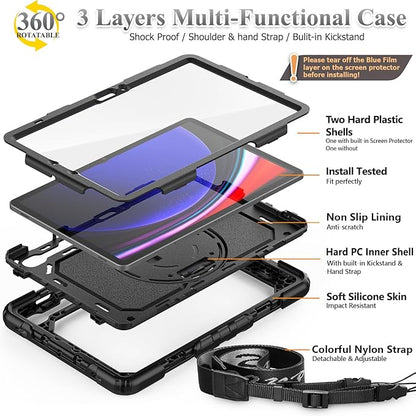 SEYMAC stock Case for Samsung Galaxy Tab S10 FE / S9 / S9 FE 5G Tablet Case Protective with Screen Protector, Pencil Holder, 360 Rotate Stand, Hand Strap, Shoulder Strap, Black1