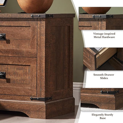 T4TREAM 24" Farmhouse Nightstand with Charging Station Set of 2, Large End Table with 2 Storage Drawers, Rustic Wood Sofa Bedside Table for Bedroom, Reclaimed Barnwood Color
